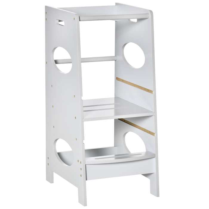 Torre de Aprendizaje de Madera para Niños Taburete de Cocina Infantil con Pedal Altura Ajustable en 3 Posiciones y Barra de Seguridad 40x50x90 cm Gris