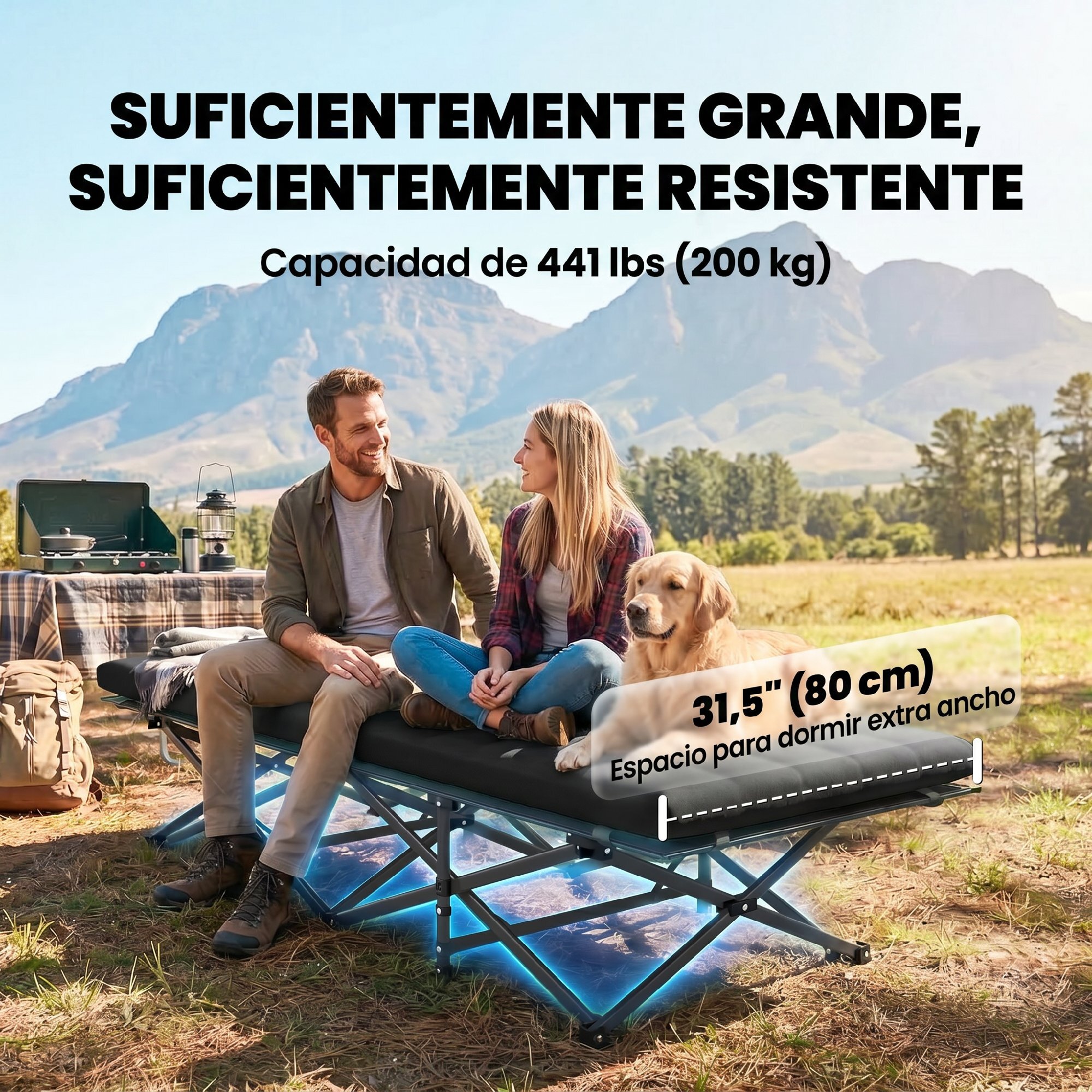 Cama Plegable Camping con Colchón Extraíble Cama de Acampada Portátil Extra Ancha 80 cm Tela Oxford 600D con Reposacabezas Bolsa Transporte Bolsillo Carga 200 kg para Playa Senderismo Negro