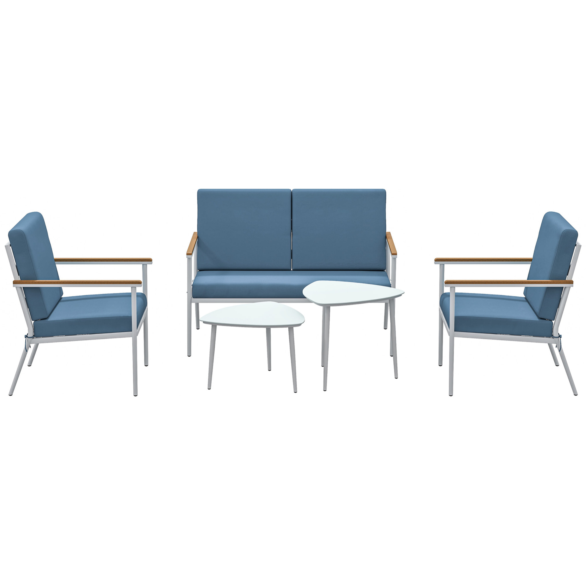 Salon de jardin 4 personnes 5 pièces 2 tables basses gigognes acier blanc accoudoirs effet bois coussins bleu