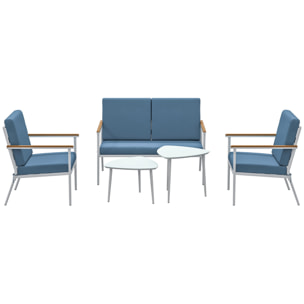Salon de jardin 4 personnes 5 pièces 2 tables basses gigognes acier blanc accoudoirs effet bois coussins bleu
