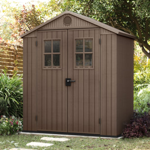 Darwin 6x4 - Casetta da Giardino 190x221x122 cm 2 Ante a per deposito attrezzi finitura effetto legno Evotech+ in Resina Marrone