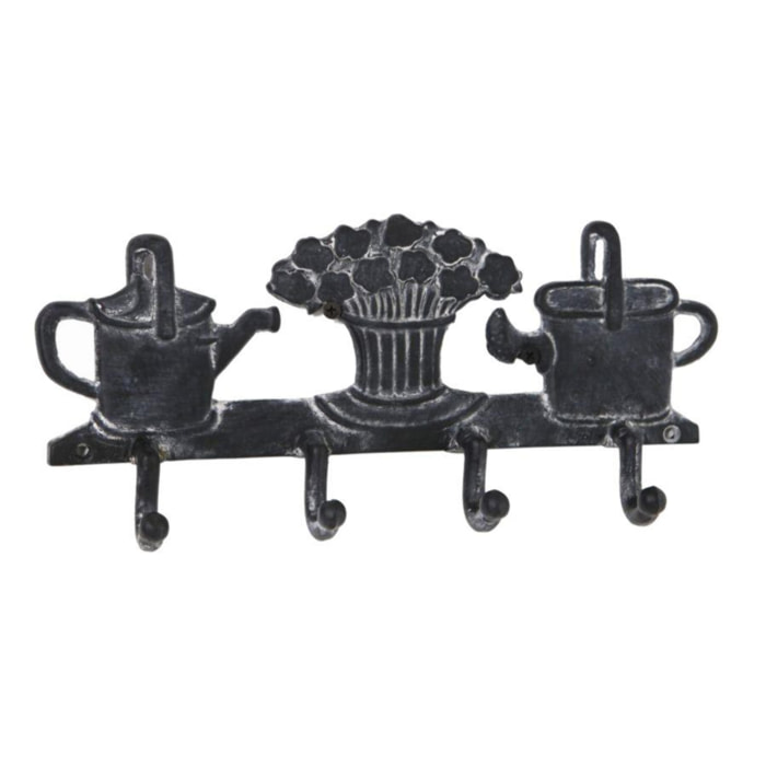 Appendino in metallo da 4 posti nero, innaffiatoi con pianta cm31x14x5