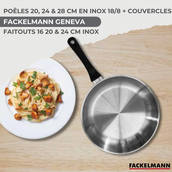 Batterie de cuisine 3 poêles 20/24/28 cm et couvercles, 3 faitouts 16/20/24 cm et 6 ustensiles Fackelmann Geneva