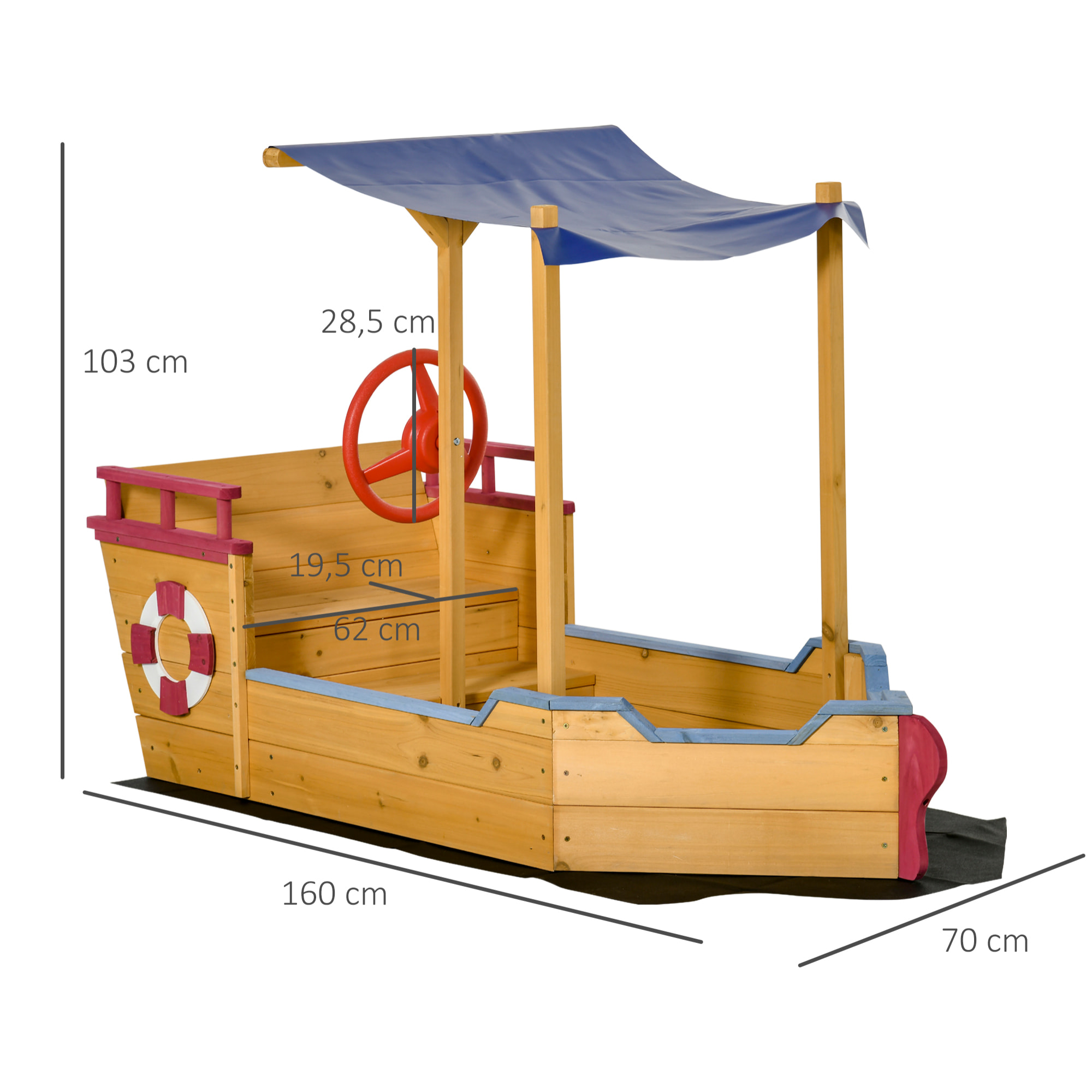 Bac à sable bateau de pirate en bois - voile d'ombrage, coffre rangement, gouvernail - bois sapin pré-huilé