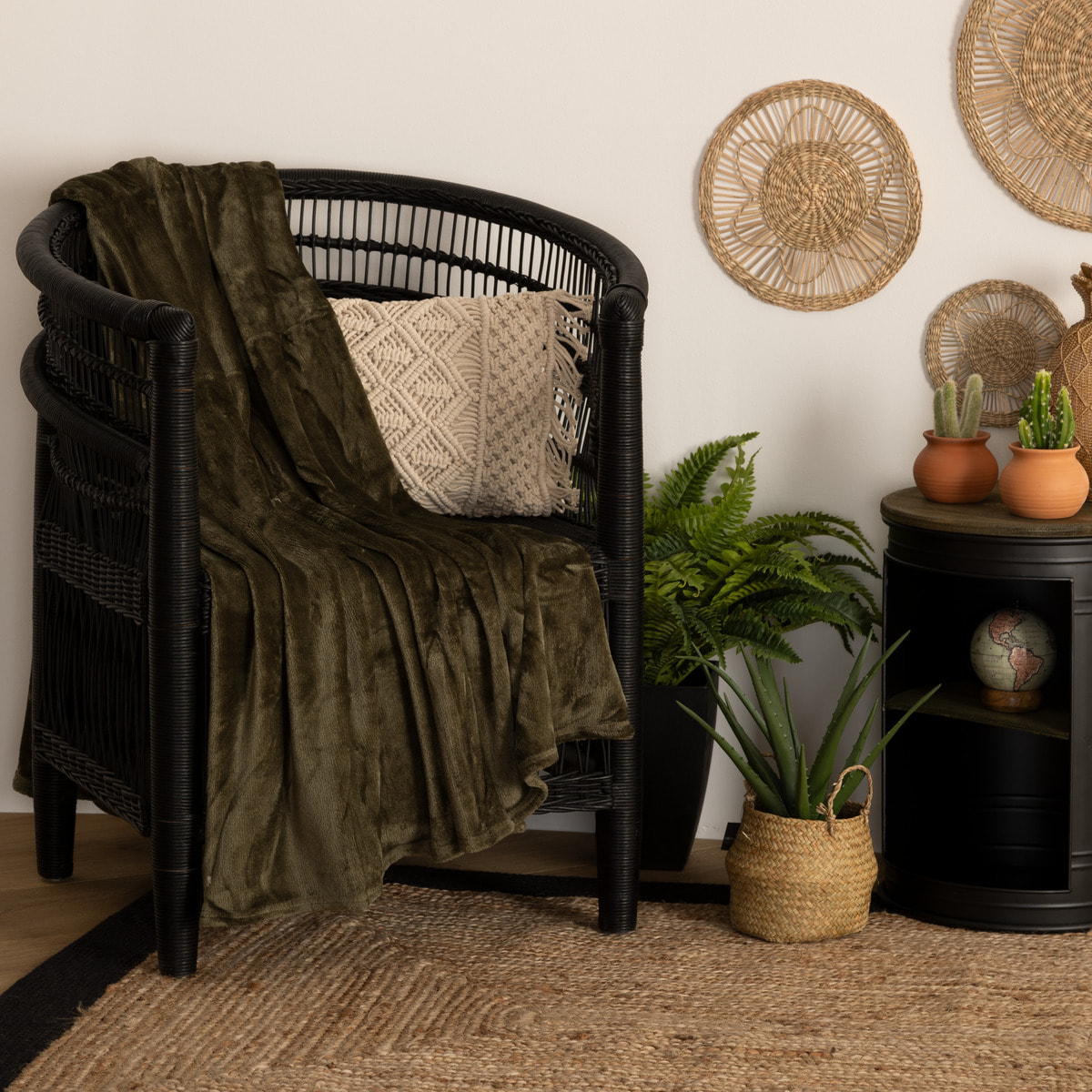 Plaid flanelle vert kaki 130x180cm