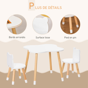 Ensemble table et chaises enfant design scandinave motif ourson bois pin MDF blanc