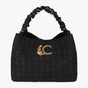 Borsa in Tweed con Manico Arricciato e Logo LC Leopardo