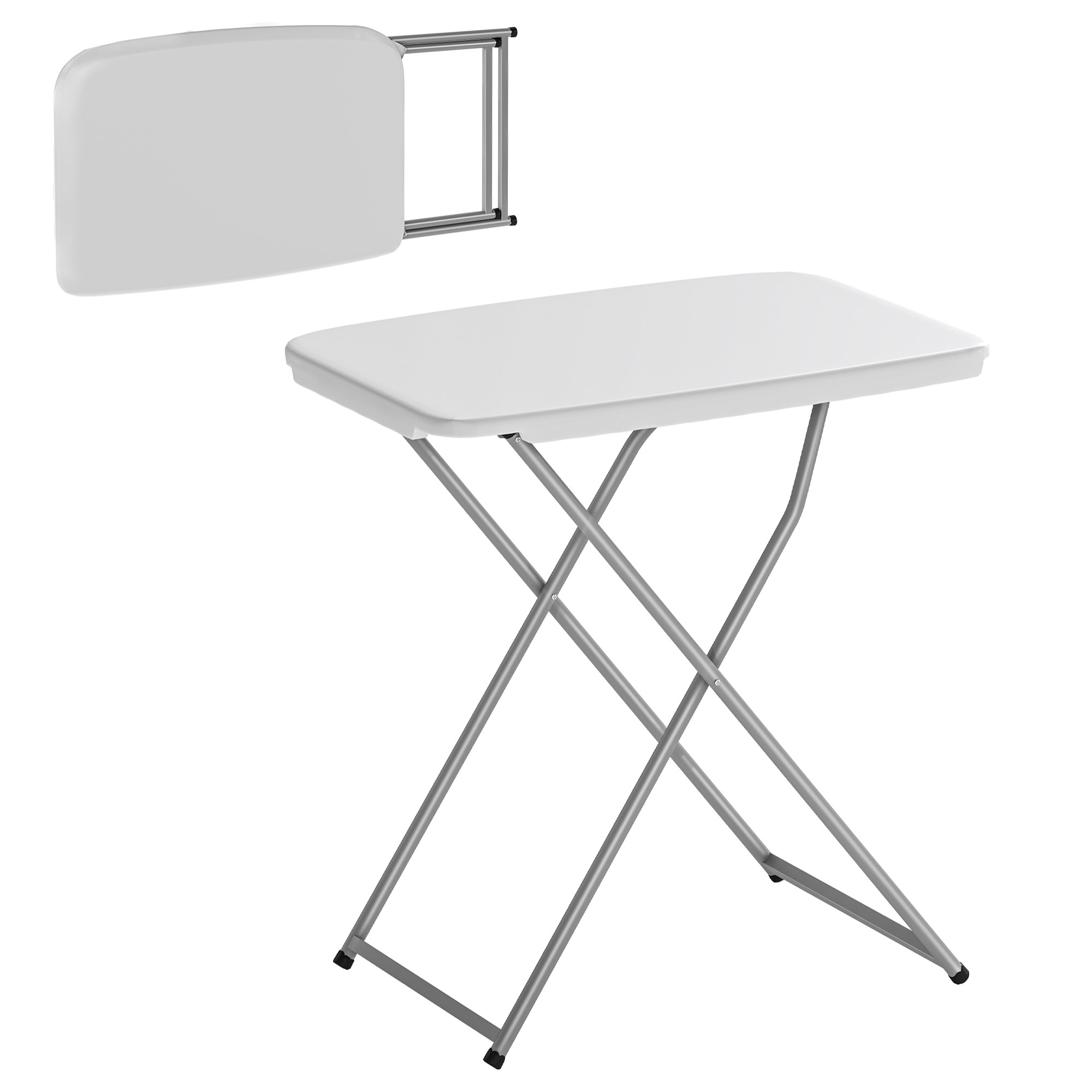 Mesa Plegable Camping, 75x50x73,5 cm, Mesa Plegable Portátil con Altura Ajustable en 5 Niveles, Encimera de HDPE y Marco Metálico, para Acampar, Senderismo, Playa, Blanco