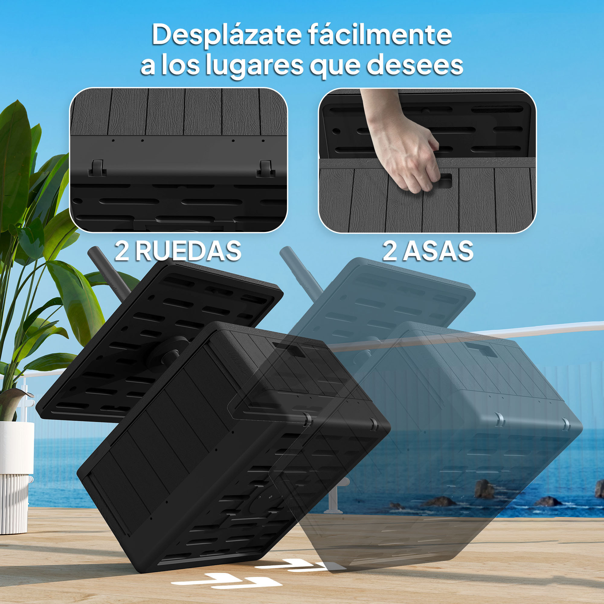 Base para Sombrilla Exterior 3 en 1, Mesa Auxiliar Ajustable, Macetero con Orificio de Drenaje, Soporte de Parasol Rellenable Arena 80 kg con Ruedas y Asas, para Postes Ø38 y Ø48 mm, Negro