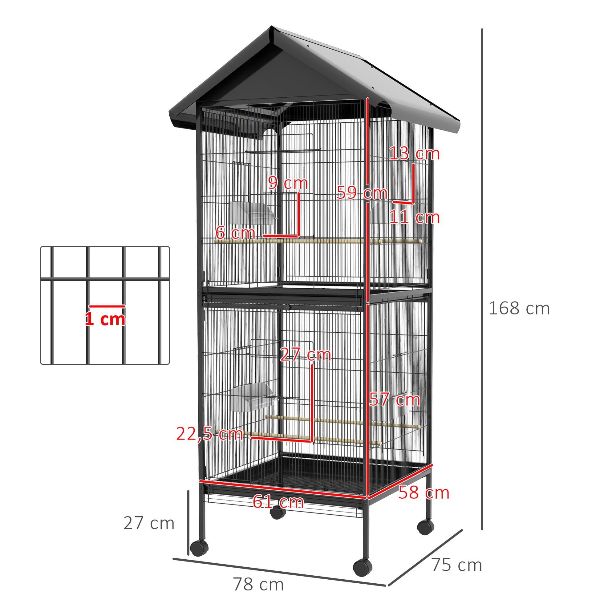 Jaula para Pájaros 2 en 1 Grande de 2 Pisos Convertible en Sola Jaula con Ruedas 4 Comederos 4 Perchas y Bandejas Extraíbles para Canarios Loros 78x75x168 cm Negro