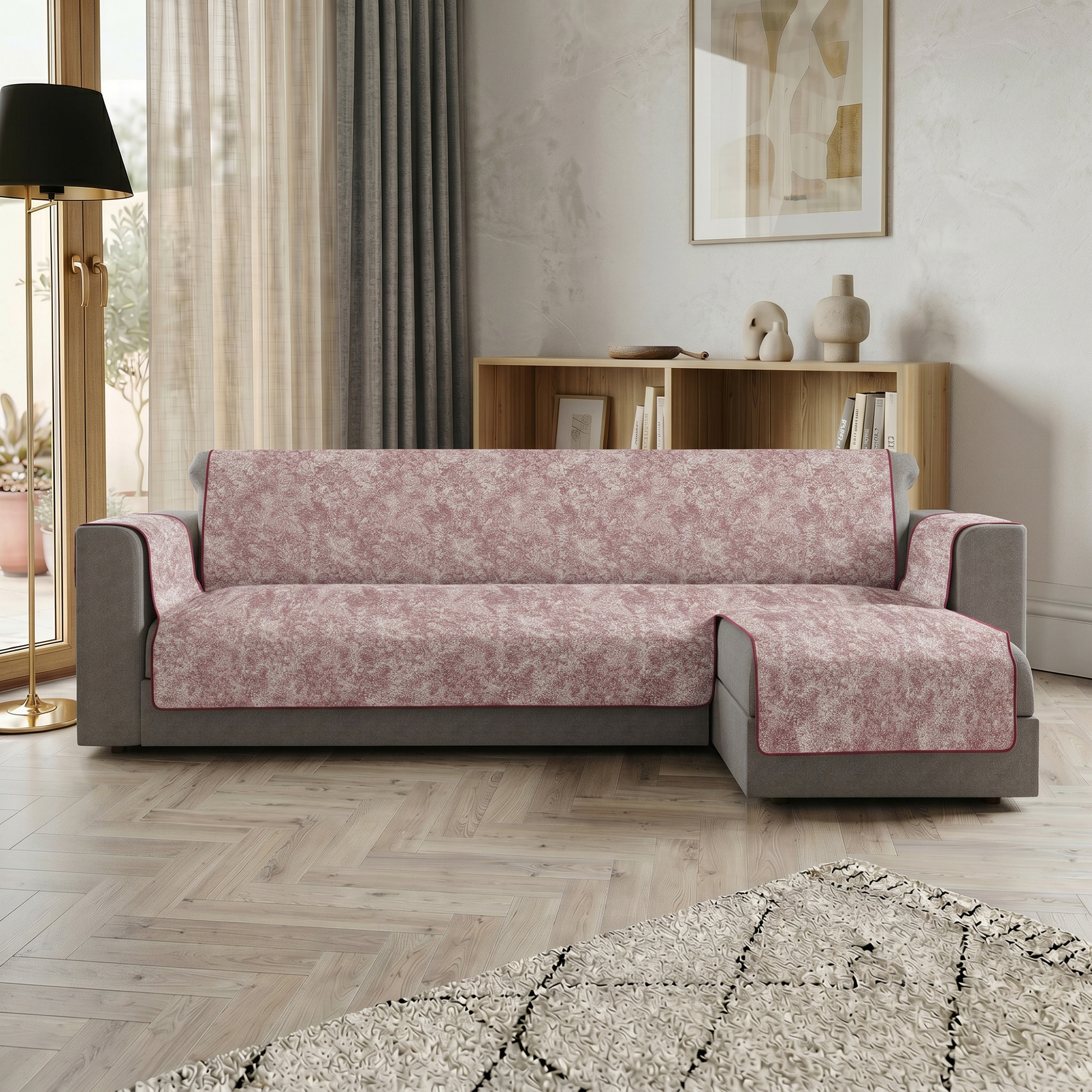 COPRIDIVANO GLAMOUR con Penisola DESTRA, Antiscivolo, Cotone+Microfibra+Fibre Varie, Made in Italy - BORDEAUX