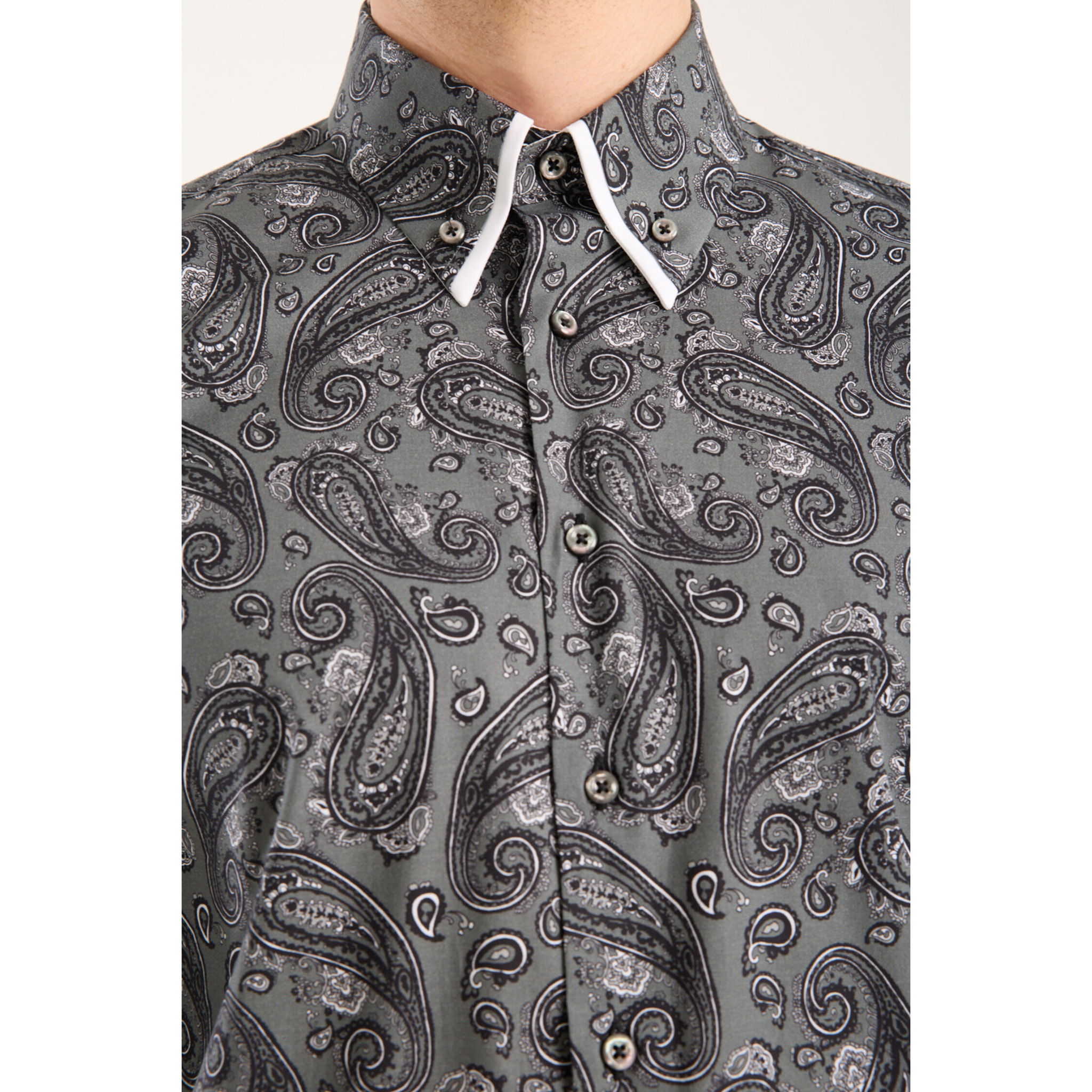 Camicia Uomo 2 Bottoni Button Down Doppio Coll Popeline Stretch Stampato Grigio Scuro/Nero