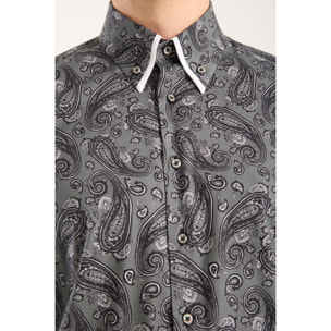 Camicia Uomo 2 Bottoni Button Down Doppio Coll Popeline Stretch Stampato Grigio Scuro/Nero