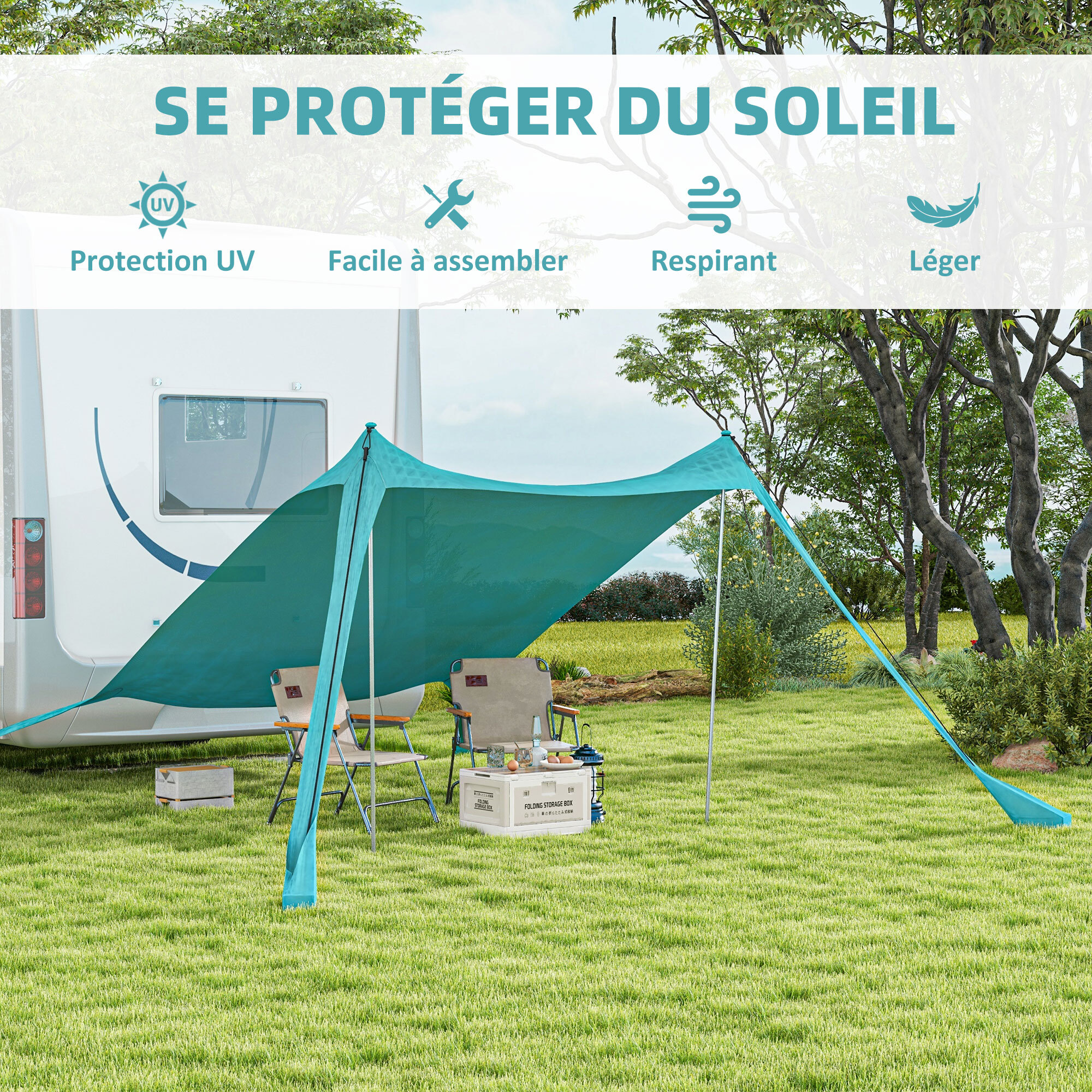 Tente de plage - abri solaire de camping - poteaux, piquets inclus - polyester-élasthanne bleu