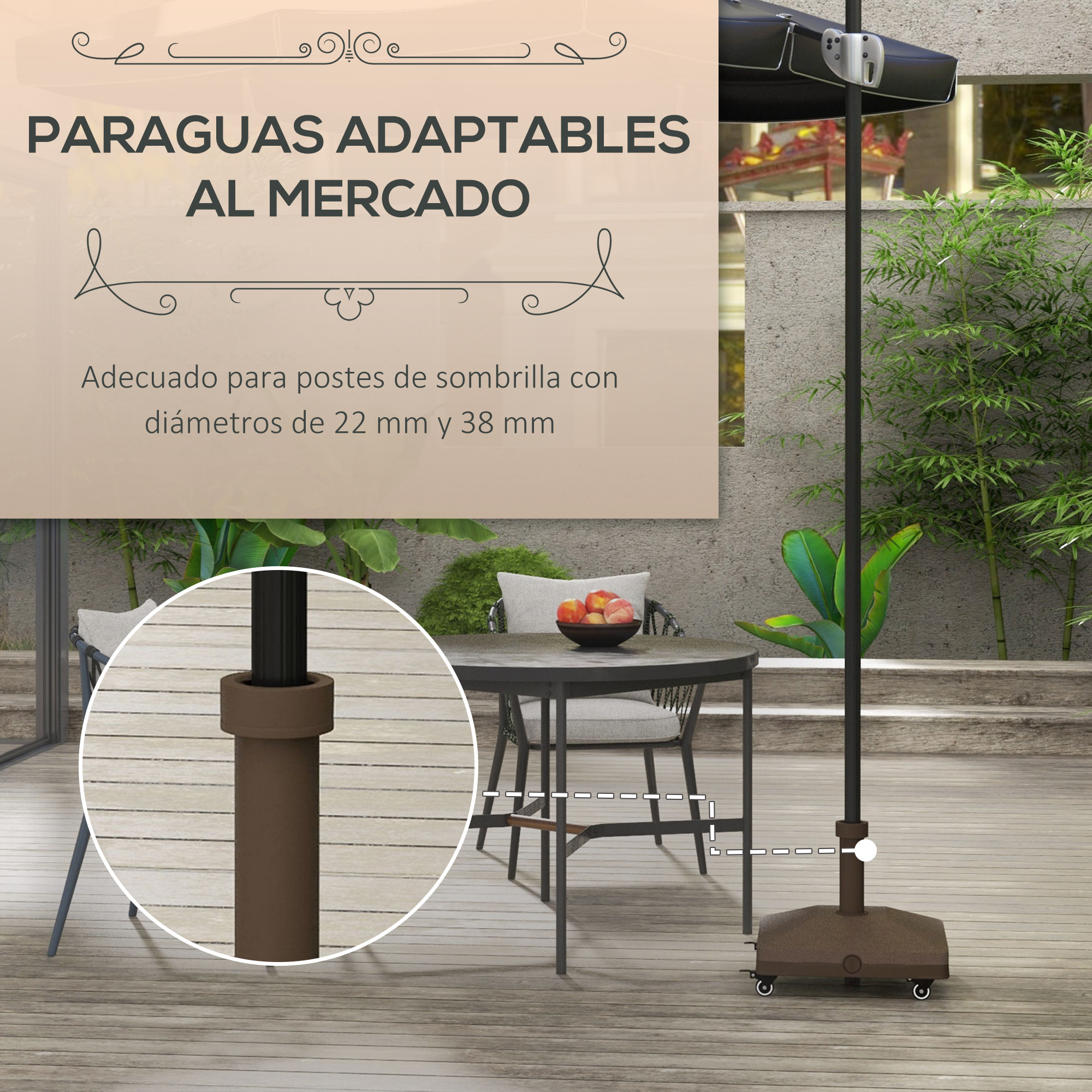Base para Sombrilla con Ruedas, 2,5 kg, Soporte de Parasol de HDPE, Pie para Sombrilla con Postes Ø22 mm a Ø38 mm, Rellenable de Arena 18 kg o Agua 16 kg, para Jardín, Patio, Terraza, Marrón