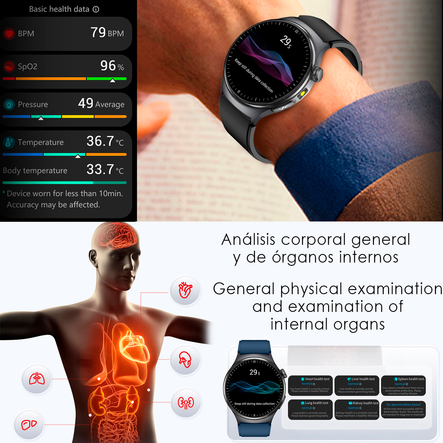Smartwatch TK27. Llamadas Bluetooth con funciones avanzadas de salud: medición de glucosa, lípidos y ácido úrico, temperatura corporal, ECG, micro examen físico y composición corporal.