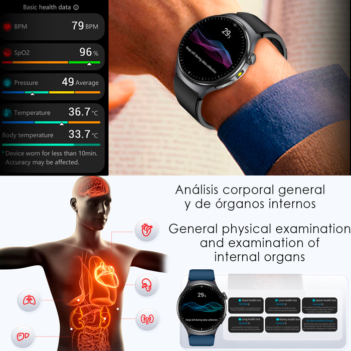 Smartwatch TK27. Llamadas Bluetooth con funciones avanzadas de salud: medición de glucosa, lípidos y ácido úrico, temperatura corporal, ECG, micro examen físico y composición corporal.