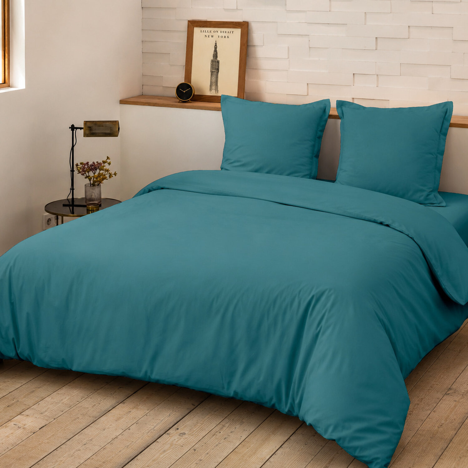 Parure housse de couette 100% percale de coton unie bleu adriatique - Mura