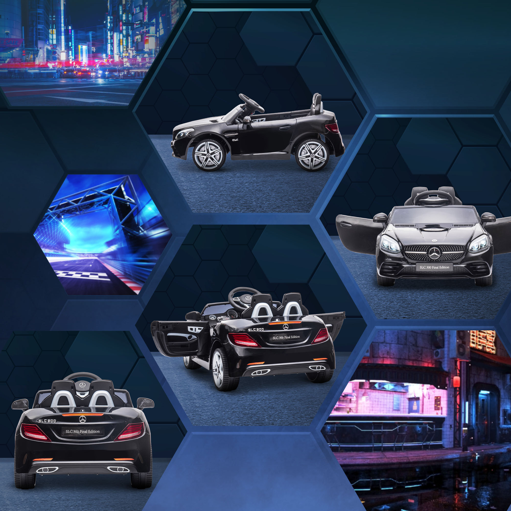 Coche Eléctrico para Niños de +3 Años, Mercedes SLC 300, Coche Eléctrico 12V, con Mando a Distancia 2,4 G, Ruedas Traseras con Suspensión, Faros LED, Música, USB, Motor Doble, Negro