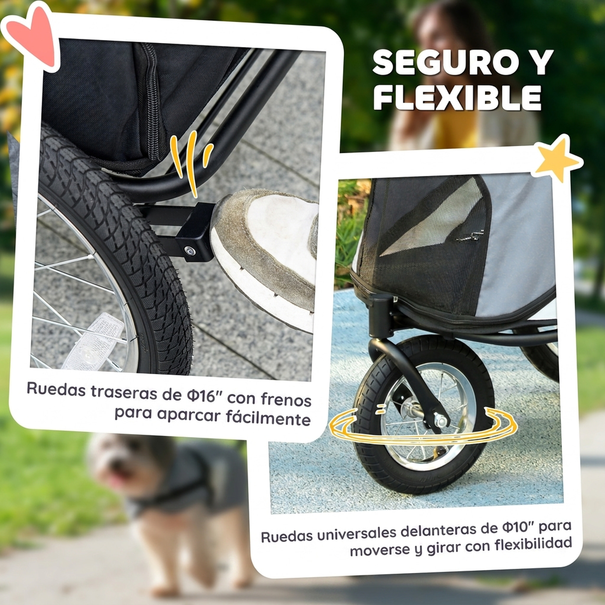PawHut Carrito para Perros y Gatos Plegable, hasta 20 kg, Cochecito para Perros Medianos de 3 Ruedas de Goma y Frenos, con Cojín, Correa de Seguridad, Ventanas de Malla, Gris
