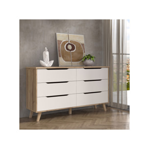 Commode 6 tiroirs effet bois chêne naturel et blanc mat - WANDA