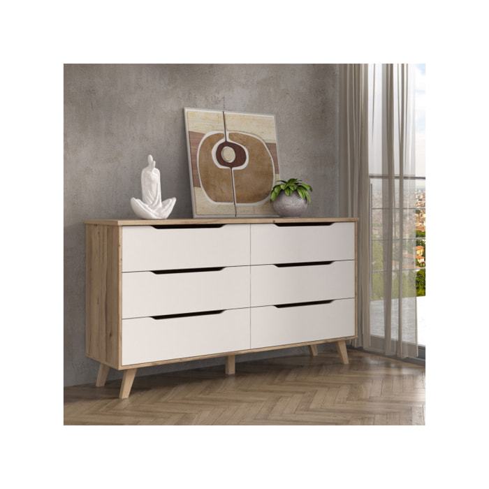 Commode 6 tiroirs effet bois chêne naturel et blanc mat - WANDA