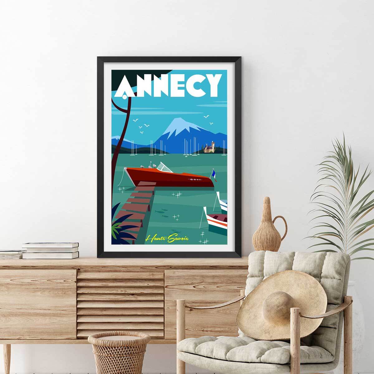 Poster de château et lac d' annecy Affiche + cadre en bois - Noir