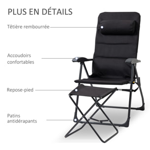 Chaise longue et repose-pied pliables - dossier réglable multi-positions - tétière, poche rangement, poignée - acier époxy polyester noir