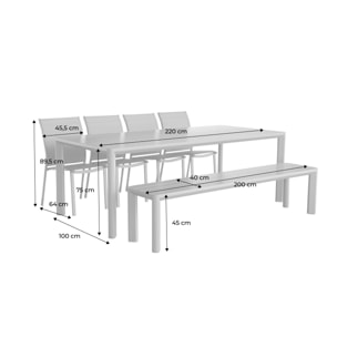 Table de jardin aluminium + 4 assises + 1 banc SACRAMENTO + MADISON + BUFFALO