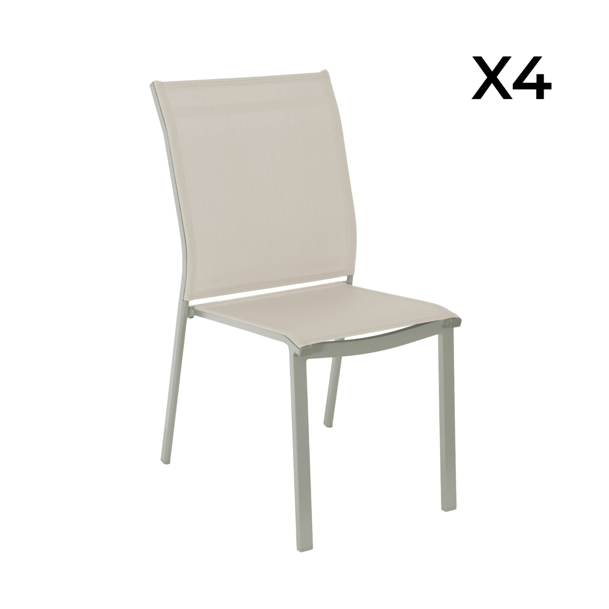 Lot de 4 chaises de jardin CLEVELAND empilables aluminium et textilene kaki. 64.5 x 45.5 x 89.5 cm