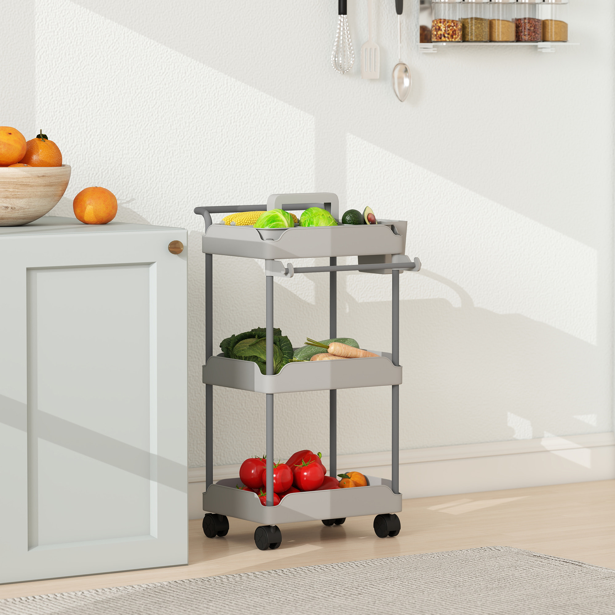Carrito Auxiliar con Ruedas de 3 Niveles, Carrito de Cocina con Cestas Extraíbles, Ruedas con Freno, Soporte para Toallas y Marco de Metal, para Comedor, Salón, Baño, Oficina, Gris