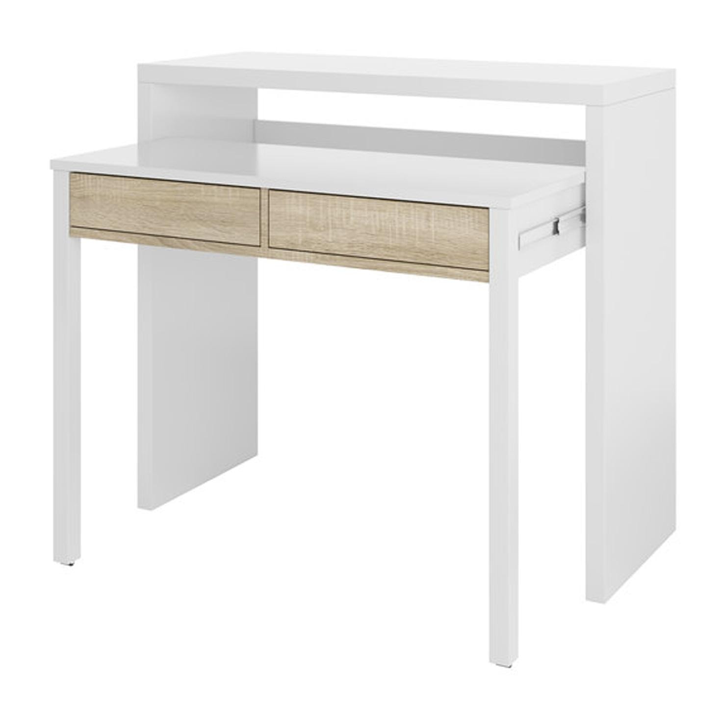 Consolle Billings, Scrivania con piano estensibile, Scrittoio porta PC con 2 cassetti, cm 99x36h88, Bianco e Rovere