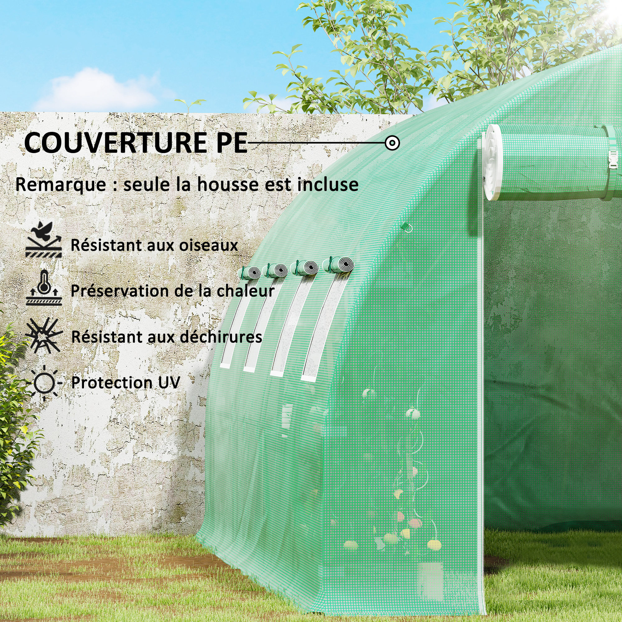 Bâche de rechange serre tunnel 12 m² - 4 x 3 x 2 m - 8 fenêtres, porte - PE haute densité vert