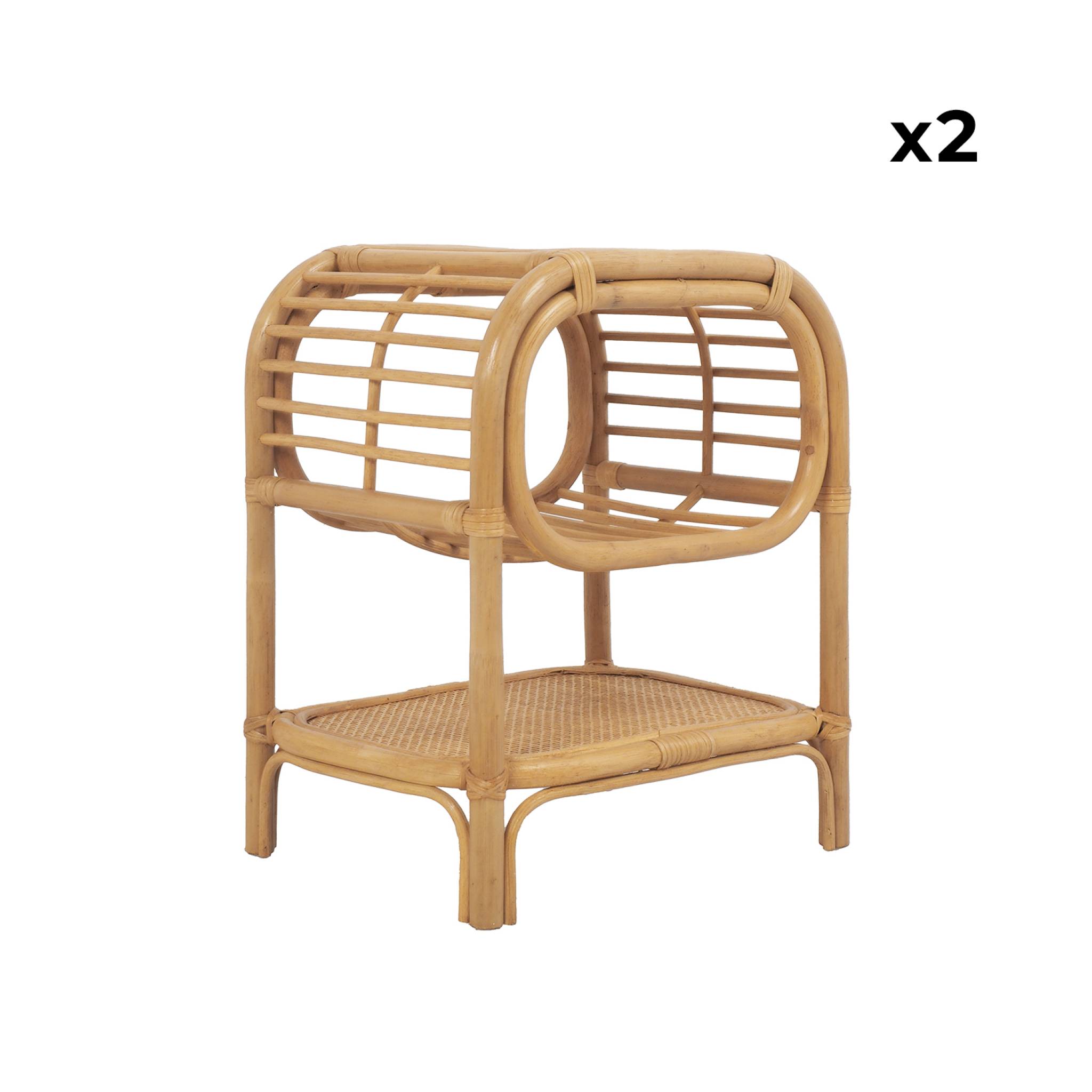 Lot de 2 tables de chevet rotin naturel courbé 1 étagère 1 niche L 40 x P 30 x H 50cm - Serang