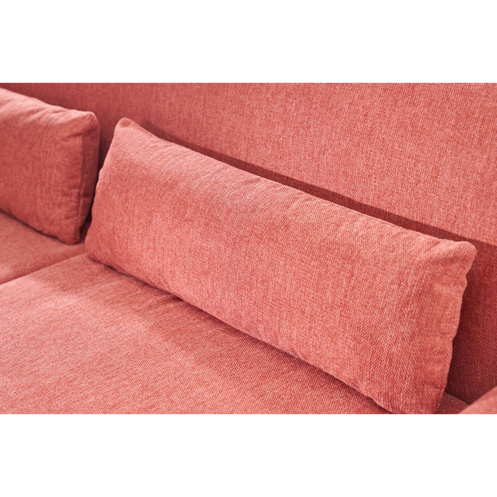 Canapé scandinave 3 places en tissu effet velours texturé terracotta et bois clair EKTOR