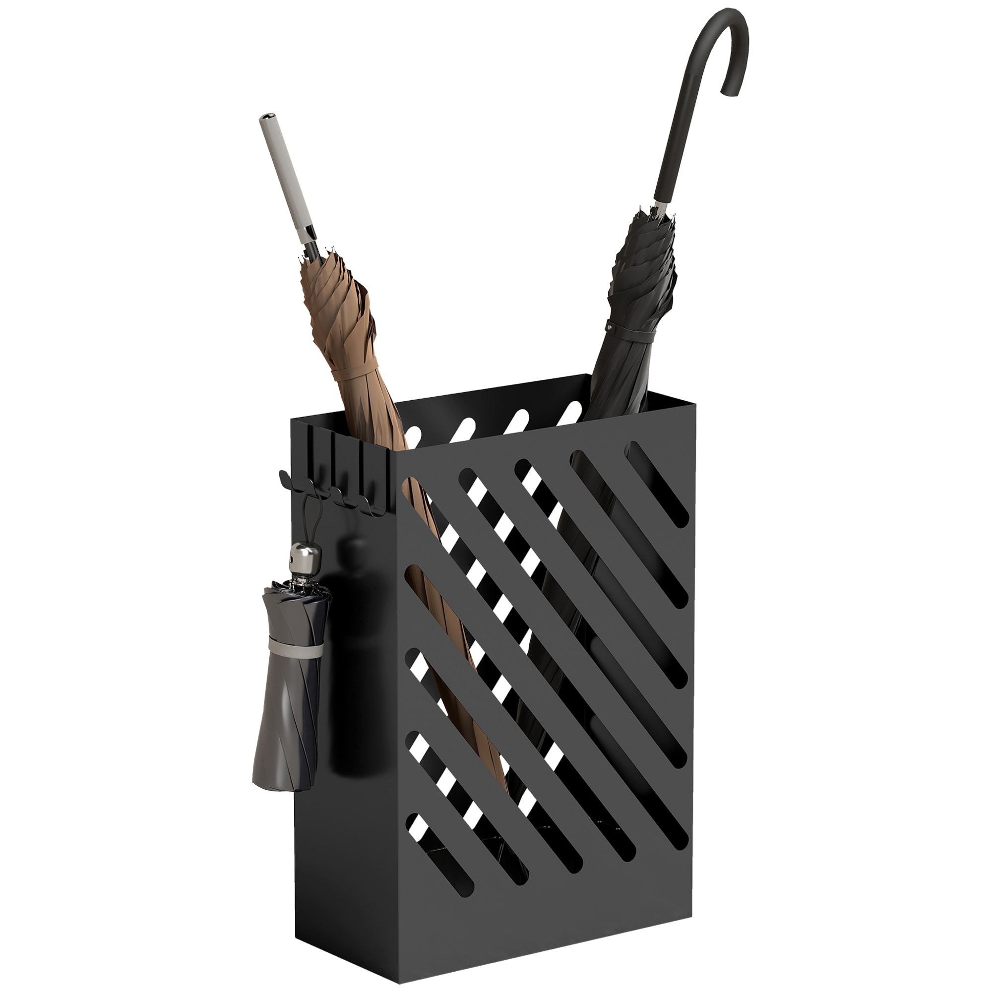 Paragüero de Acero Galvanizado, Soporte de Paraguas Estrecho con Bandeja de Goteo Extraíble, 4 Ganchos, Diseño de Cortes, para Entrada, Pasillo, Oficina, 28x14x41 cm, Negro