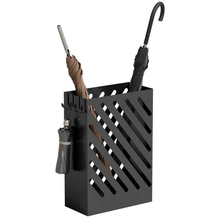 Paragüero de Acero Galvanizado, Soporte de Paraguas Estrecho con Bandeja de Goteo Extraíble, 4 Ganchos, Diseño de Cortes, para Entrada, Pasillo, Oficina, 28x14x41 cm, Negro