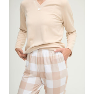 Pijama mujer de cuello pico y pantalón de cuadros