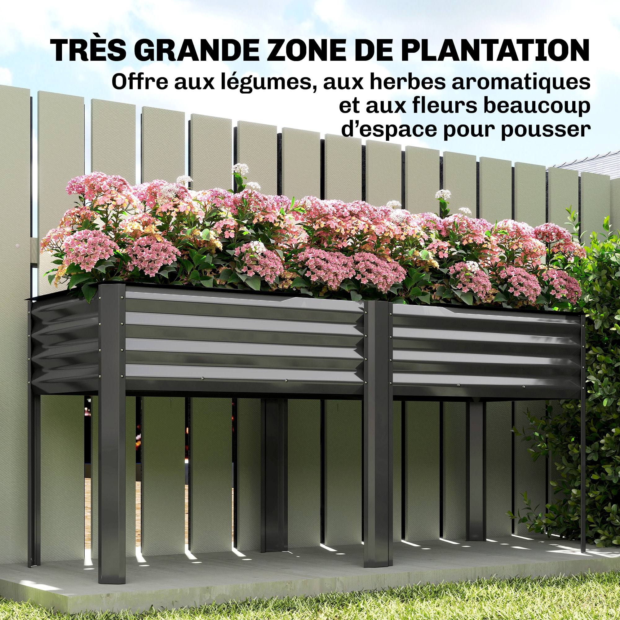 Carré potager surélevé - jardinière surélevée extra large 241L - tissu non-tissé - métal - 180x55x80cm - gris foncé