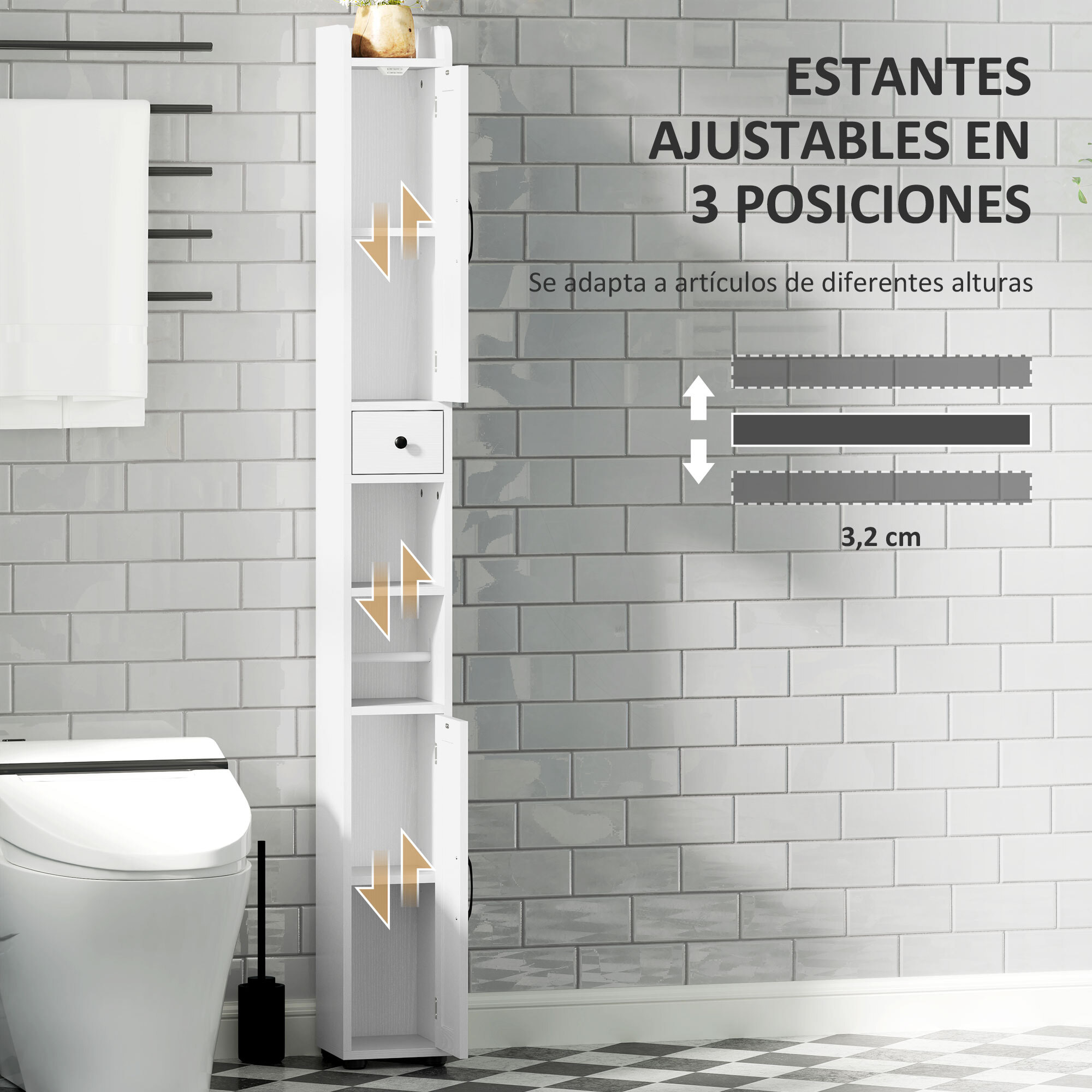 Columna de Baño Estrecha con 2 Puertas Armario Alto de Baño Rústico con Cajón Compartimento Abierto Estantes Ajustables y Portarrollos 20x20x185 cm Blanco