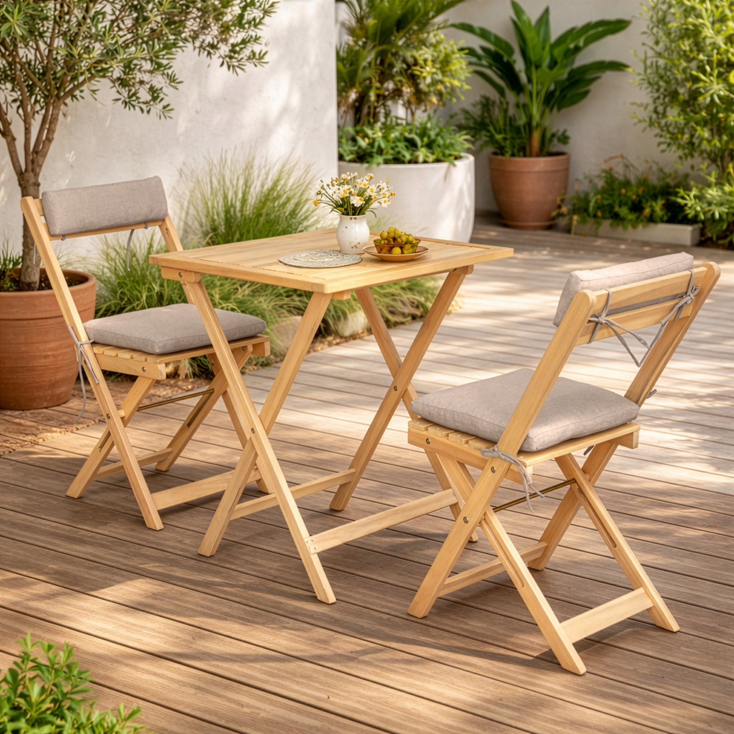 Ensemble table et chaises 2 places en acacia et coussins sable BENAGIL