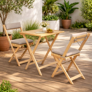Ensemble table et chaises 2 places en acacia et coussins sable BENAGIL