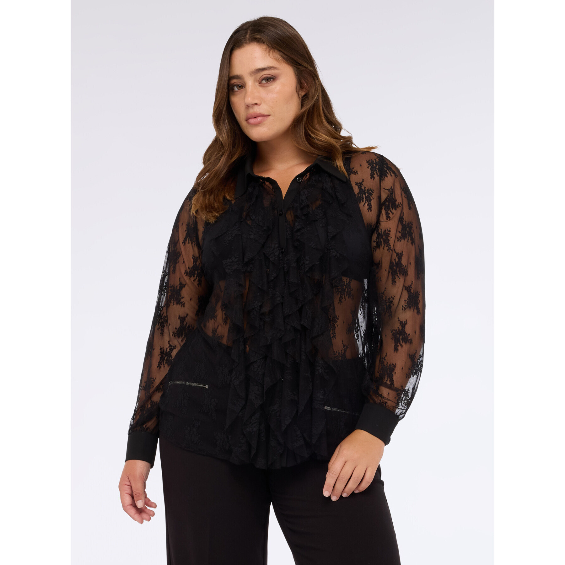 Fiorella Rubino - Camisa de encaje con volantes en la parte delantera - Negro