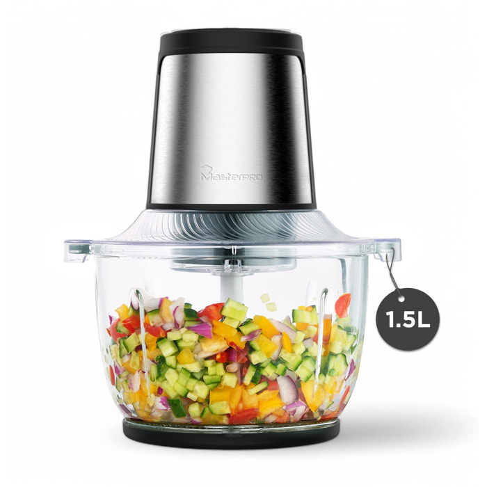 MasterPRO FOODIES Picadora eléctrica multiusos de 1.5L 400W de potencia, Carcasa y cuchilla de acero inox, Recipiente de vidrio, Con 2 velocidades