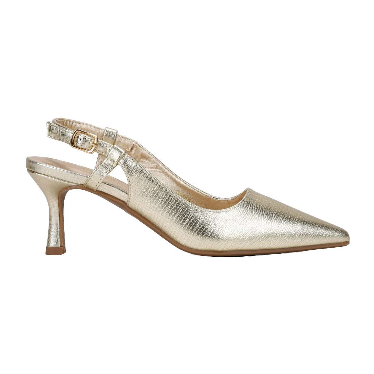 Zapatos de tacón oro con cierre de hebilla