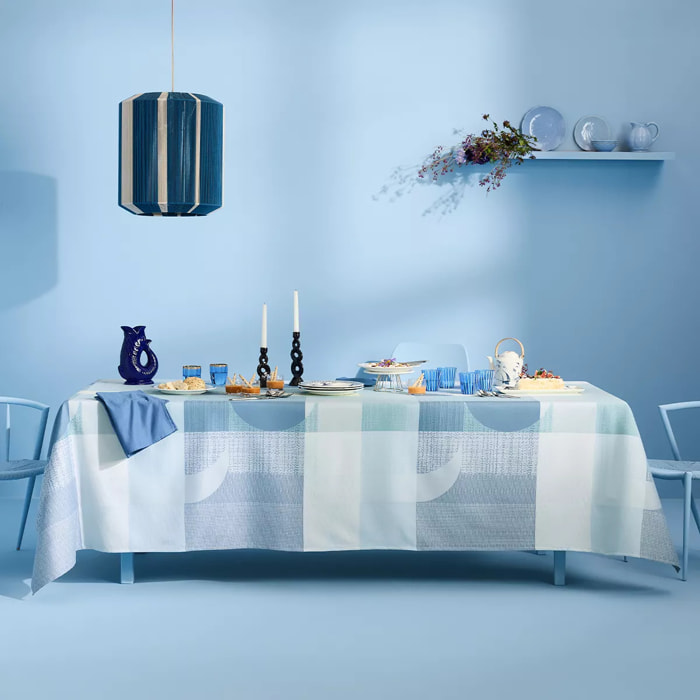 Nappe pur coton enduit 220 g/m² motif jacquard bleu vert Mille textures bleu