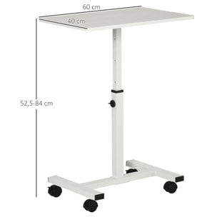 HOMCOM Mesa Auxiliar con Ruedas Mesita Lateral para Sofá Cama con Altura Ajustable Marco de Metal y Frenos para Dormitorio Salón 60x40x52,5-84 cm Blanco