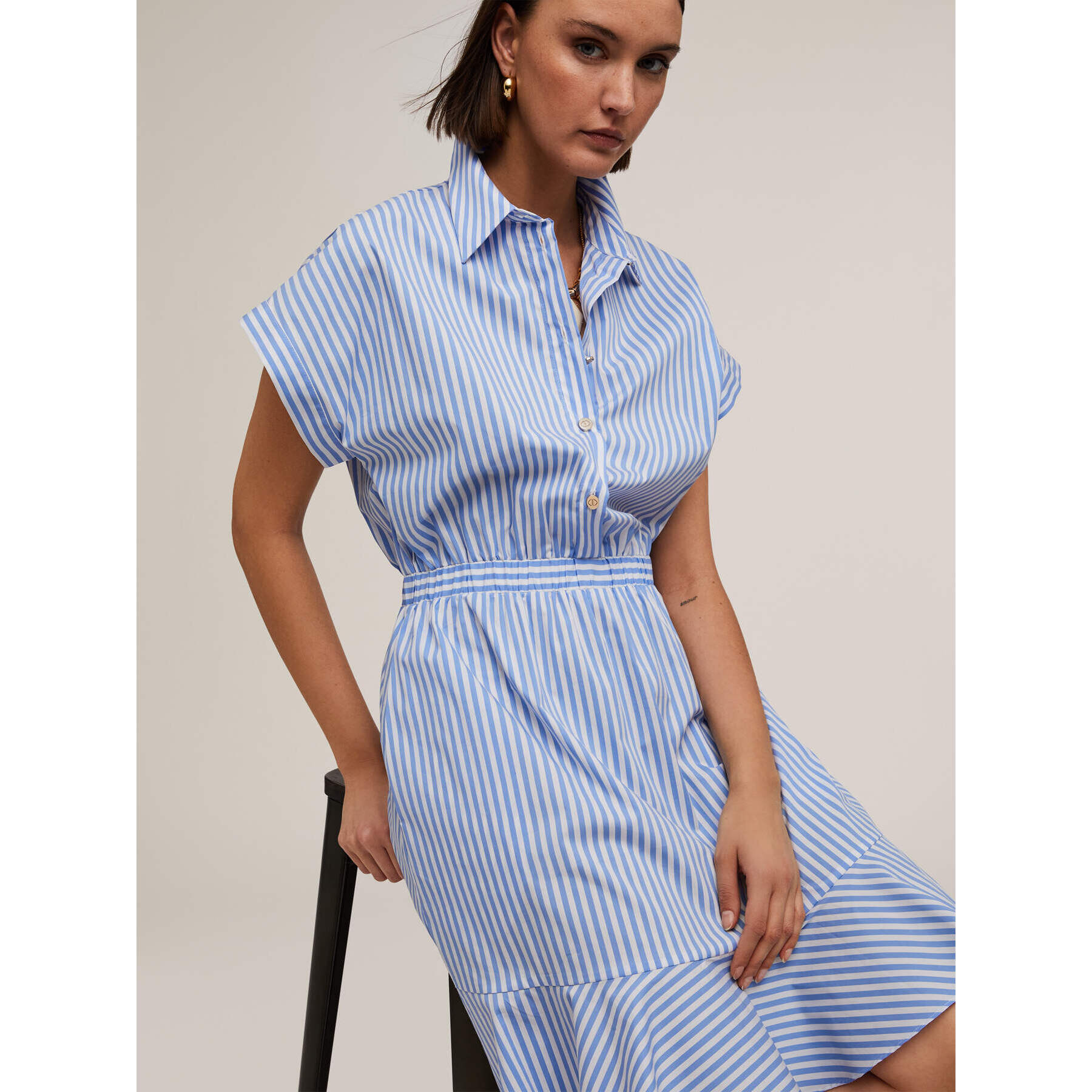 Motivi - Vestido camisero de algodón a rayas - Light - blue