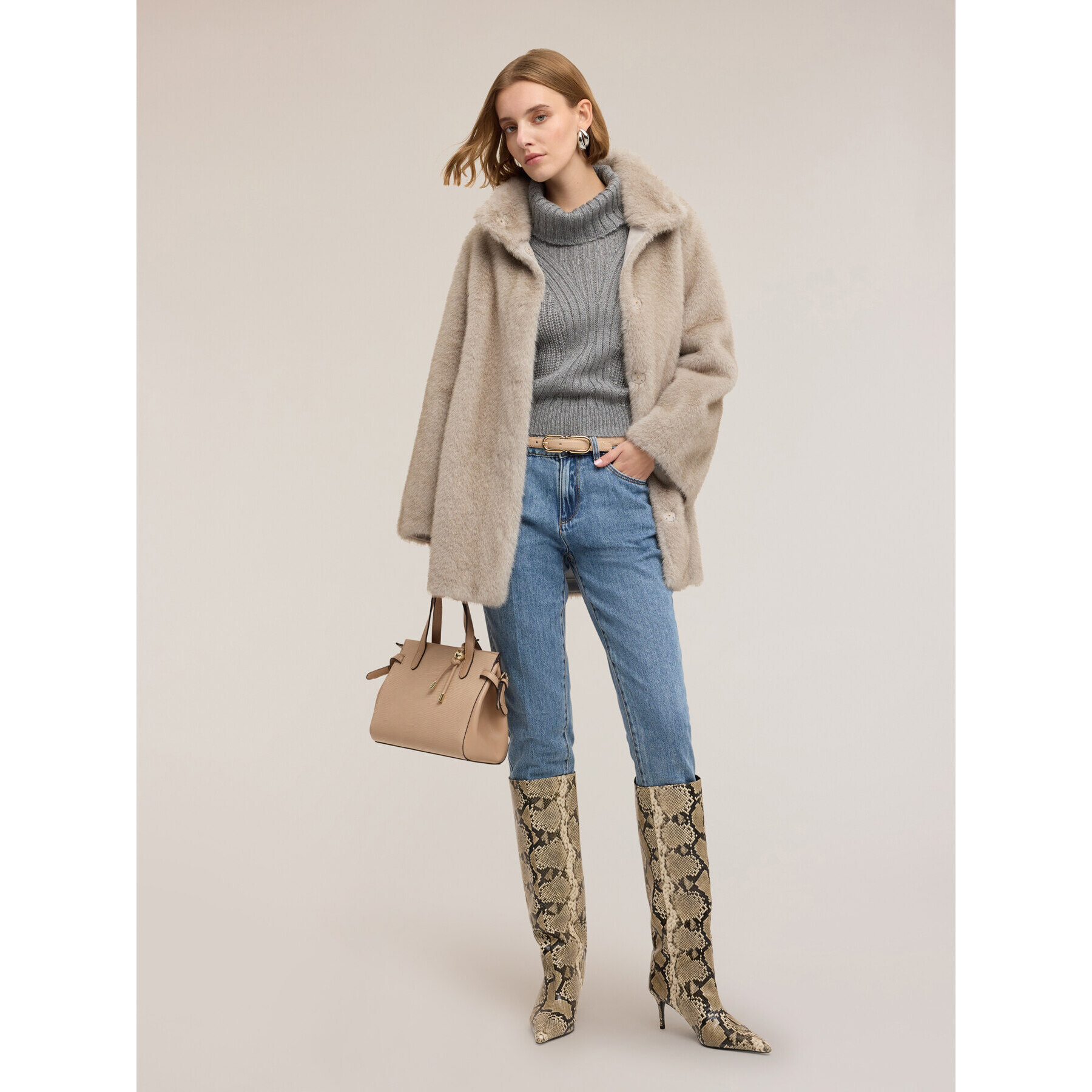 Motivi - Cappotto effetto pelo collo alto - Grigio