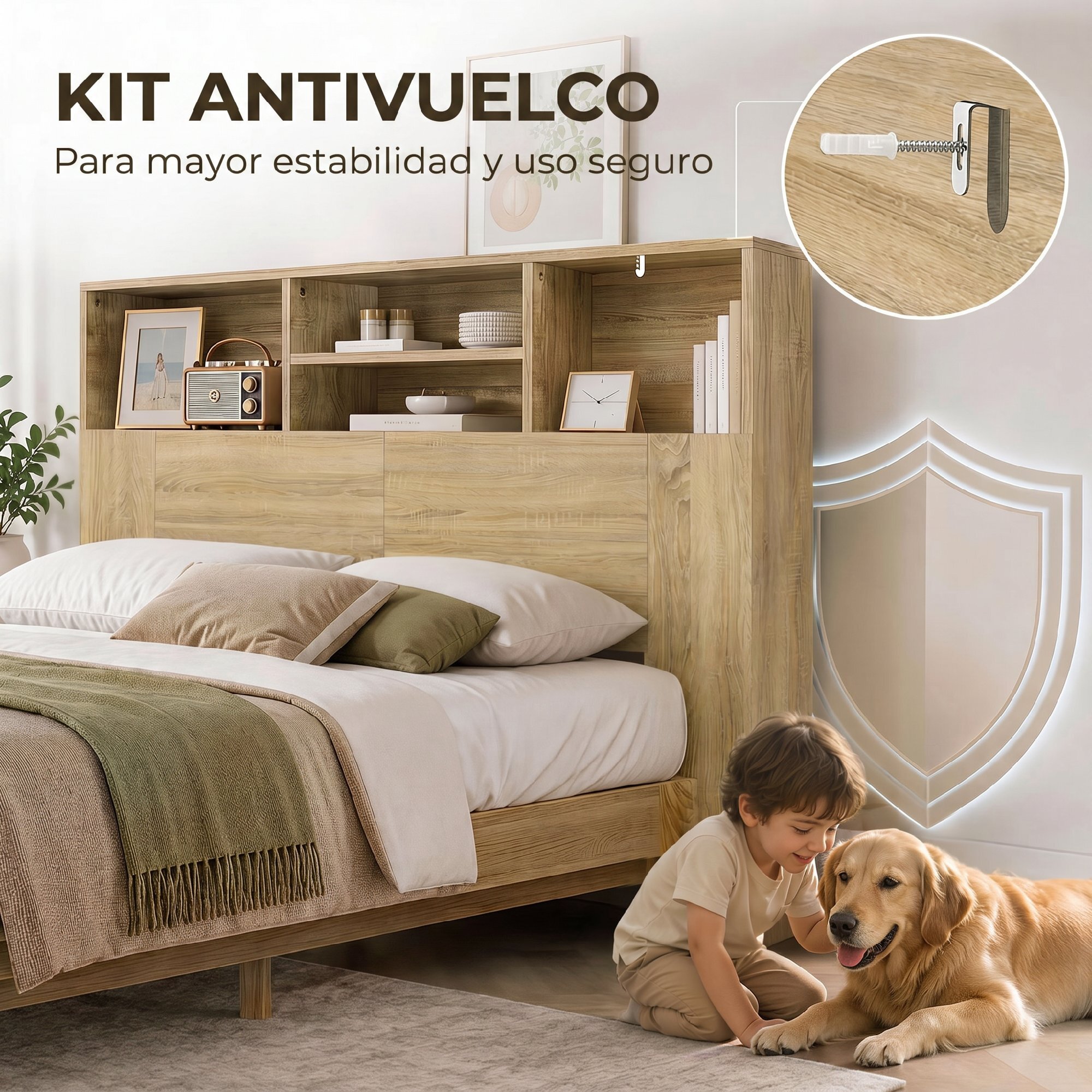 HOMCOM Cabecero de Cama 140 cm con Almacenaje, Cabezal de Cama con 4 Compartimentos Abiertos, Cabecero Moderno para Dormitorio, Roble